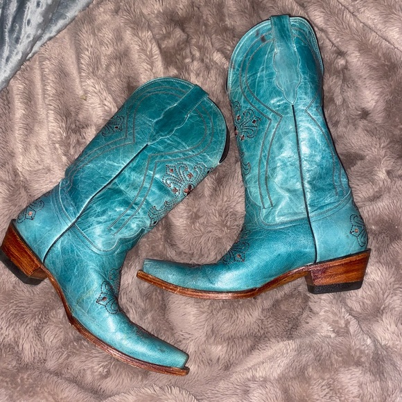 💎PECOS BILL Turquoise Leather Western Cowgirl Boots Embroidery Crosses 8.5 - Picture 3 of 16